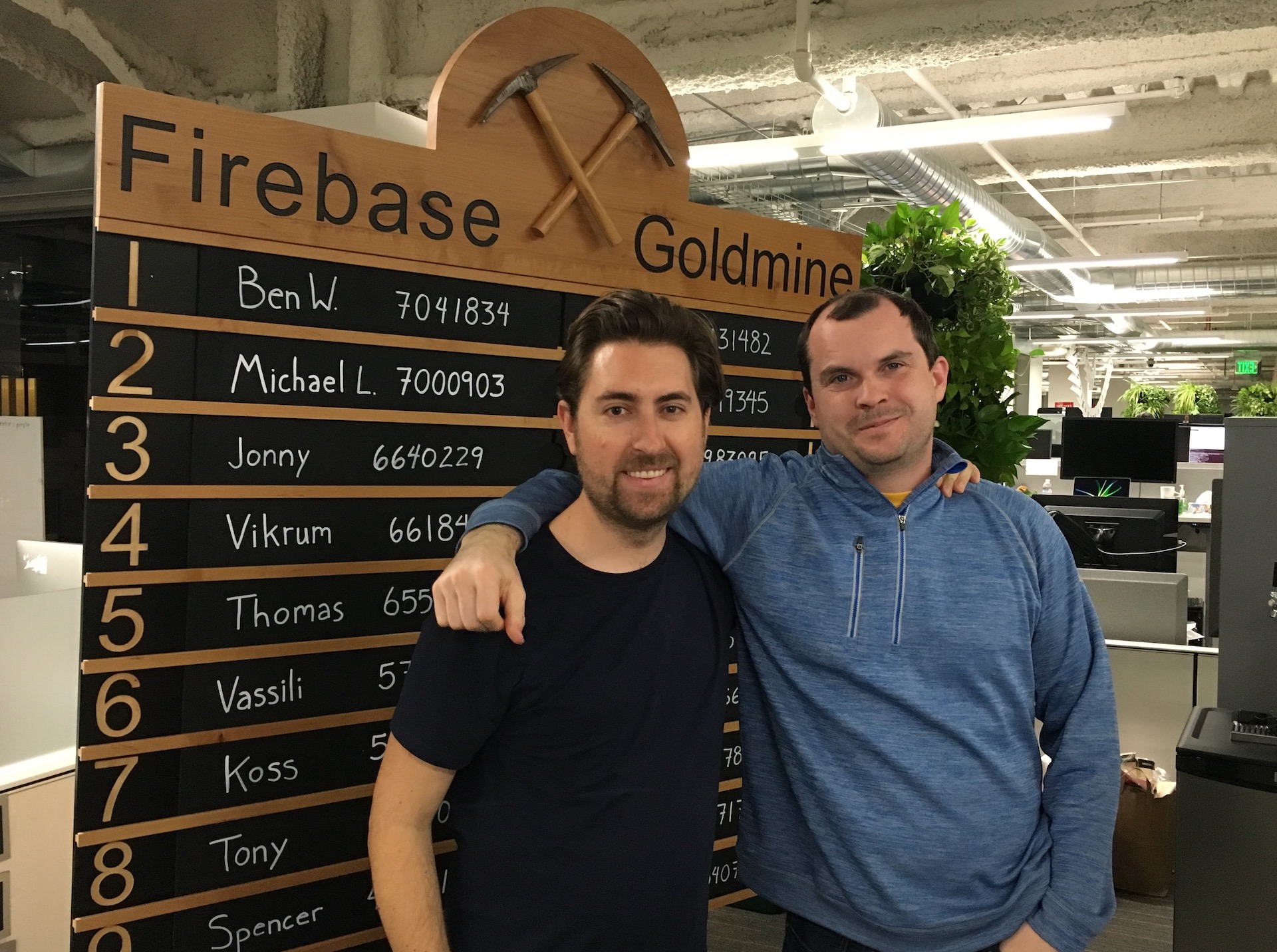 James and I in front of the GoldMine technical test scoreboard.