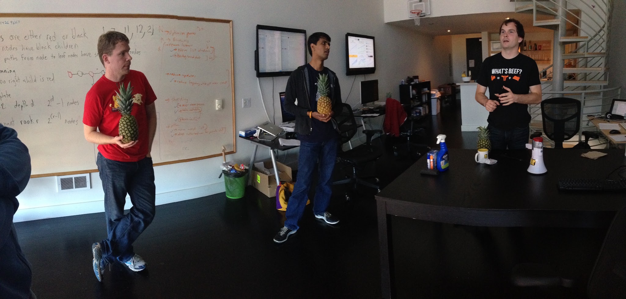 Michael, Anant, and I discussing pineapples at daily standup.